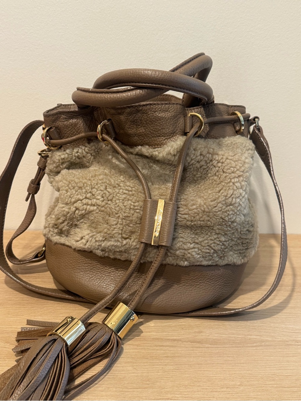 See by Chloe Brown Shearling Bucket Bag with Tassel Drawstring